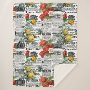 * AR23 Rosen Floral Blumen Vintage-Zeitungspapier Sherpadecke