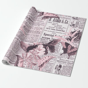 * AR23 Schmetterling Floral Blumen Vintage Zeitung Geschenkpapier