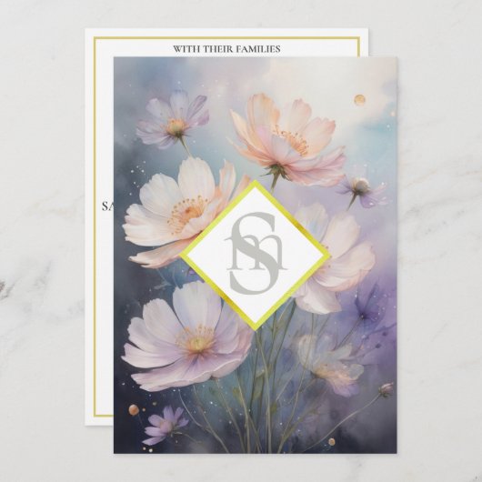 * AR26 Cosmos Blume Monogramm QR UAWG Wedding Einladung (Vorne/Hinten)