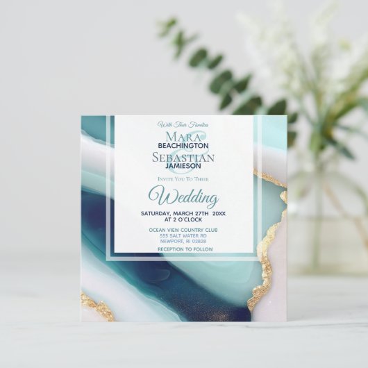 ~ AR66 QR UAWG Agate Marble Gold Wedding Einladung (Stehend Vorderseite)