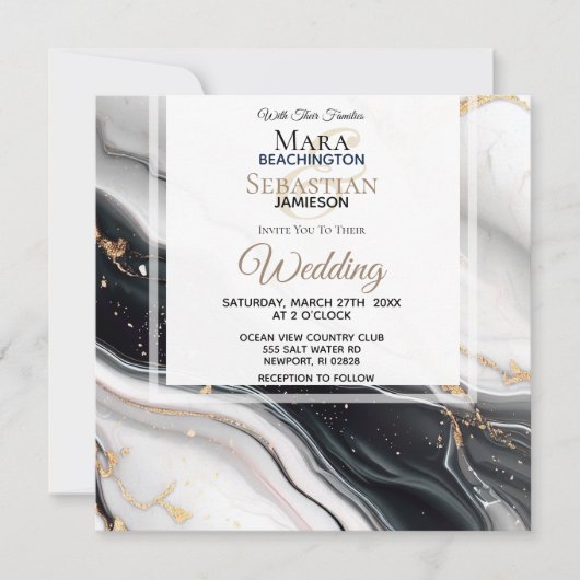 *~* AR66 UAWG White Black Gold Agate QR Hochzeit Einladung (Vorderseite)