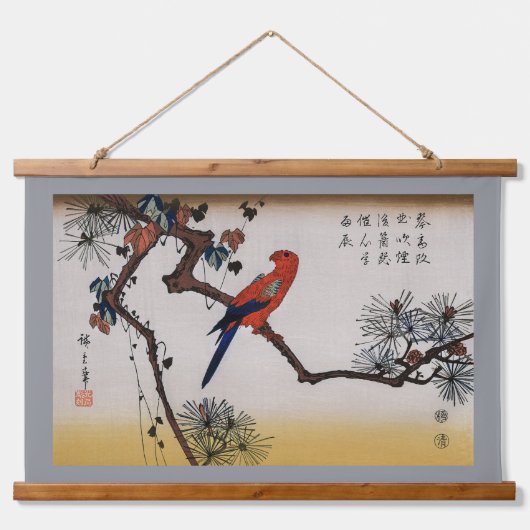 Ara auf Kiefernzweig, Hiroshige Wandteppich Mit Holzrahmen (Vorne)