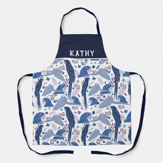 Ara Parrot Blau Pink tropisches Leaf Muster Name Schürze (Vorderseite)