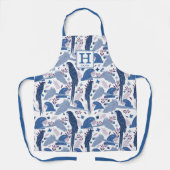 Ara Parrot Blaues tropisches Leaf Muster Monogram Schürze (Vorderseite)