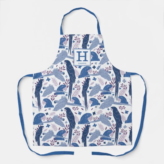 Ara Parrot Blaues tropisches Leaf Muster Monogram  Schürze (Vorderseite)