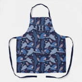 Ara Parrot Blaues tropisches Leaf Muster Monogramm Schürze (Vorderseite)