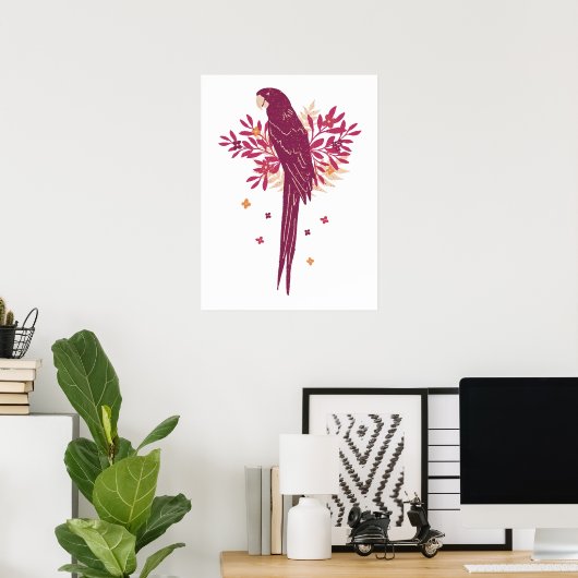 Ara Parrot Burgundy Red Tropical Leaves Drawing Poster (Heimbüro)
