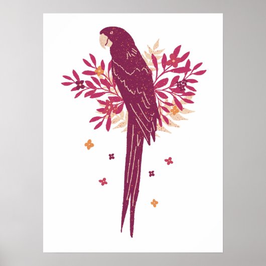 Ara Parrot Burgundy Red Tropical Leaves Drawing Poster (Vorne)