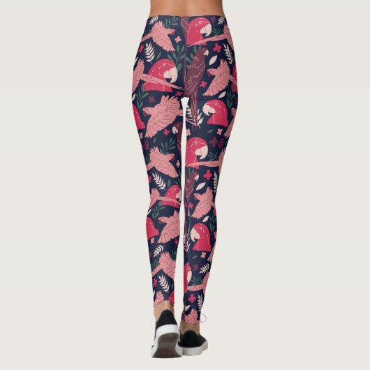 Ara Parrot Rosa Zeichnend tropisches Verlassen Mus Leggings (Rückseite)