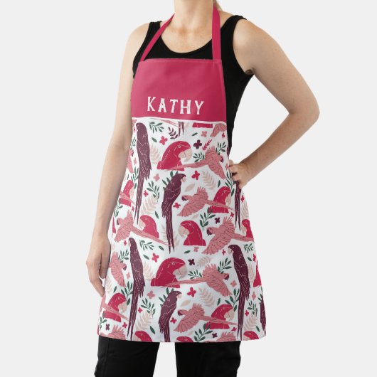 Ara Parrot Tropical Leaf Muster Name Schürze (InSitu)