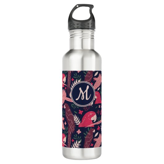 Ara Parrot Tropical Verlass Pattern Monogram Edelstahlflasche (Vorderseite)