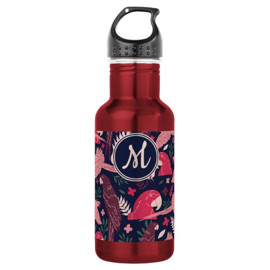 Ara Parrot Tropical Verlass Pattern Monogram Edelstahlflasche (Vorderseite)