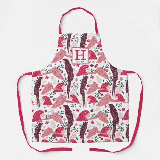 Ara Parrot tropisches Leaf Muster Monogramm Schürze (Vorderseite)