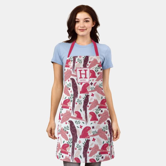 Ara Parrot tropisches Leaf Muster Monogramm Schürze (Getragen)