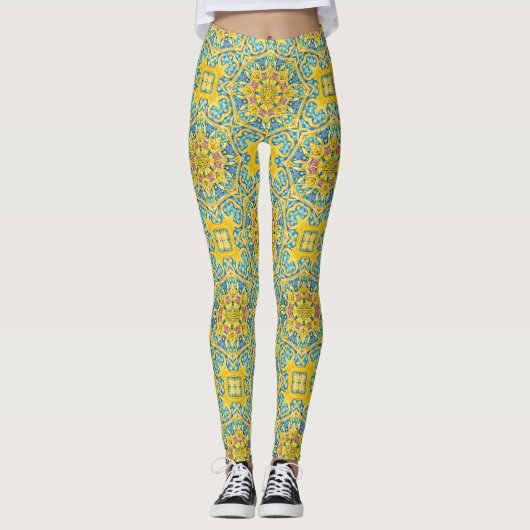 Arabesque Blue Gold Leggings (Vorderseite)