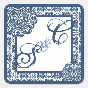 Arabesque Blue Lace, mit Monogramm Souvenir Quadratischer Aufkleber