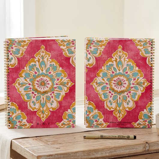 Arabesque Damast Rosa Gold Medaillon Monogrammiert Notizblock