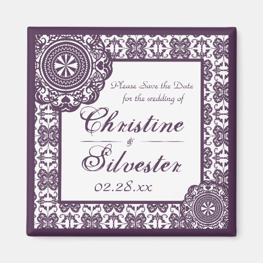 Arabesque Lila Spitze, quadratisch Save the Date Magnet (Vorne)
