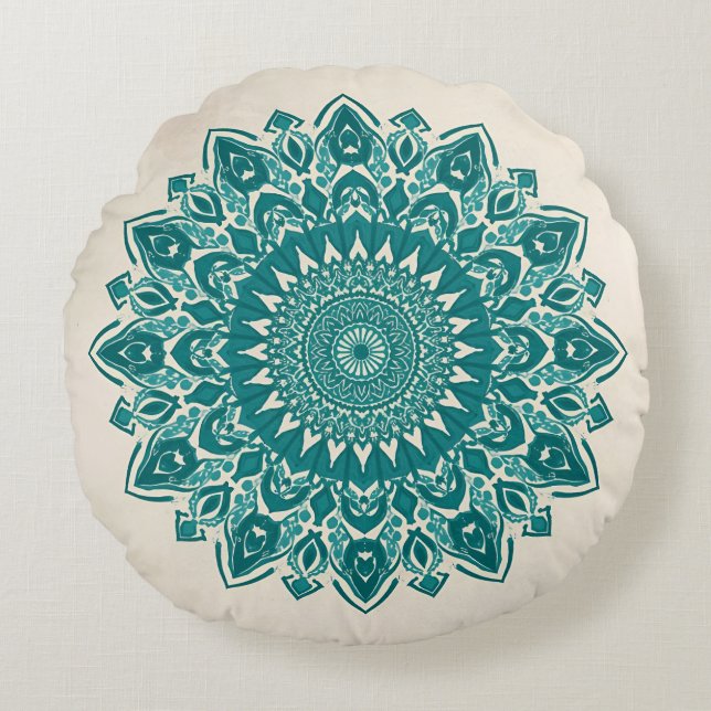 Arabesque Mandala Pillow - Aquamarin geometrischer Rundes Kissen (Vorderseite)