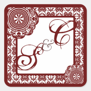 Arabesque Red Lace, mit Monogramm Souvenir Quadratischer Aufkleber