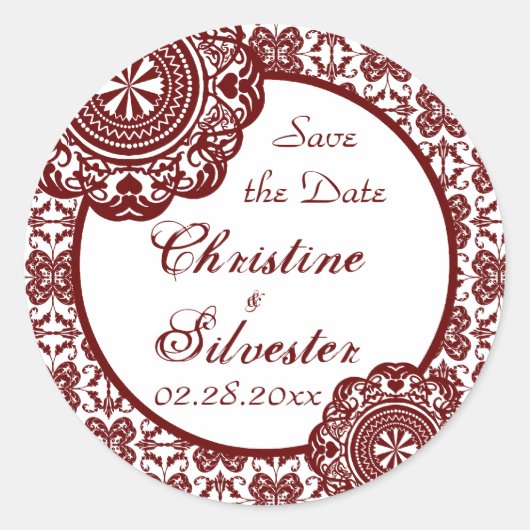 Arabesque Red Lace, Save the Date Aufkleber (Vorderseite)