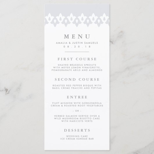 Arabesque Wedding Menu Card | Grau Menükarte (Vorderseite)