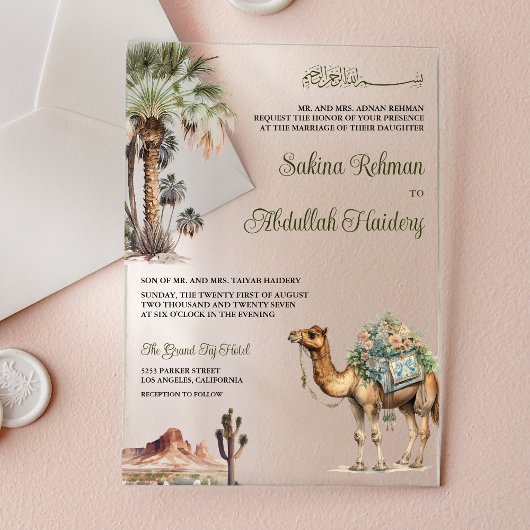 Arabian Palm Desert Camel Muslim Wedding Acryleinladungen