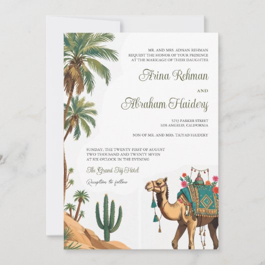Arabian Palm Wüste Camel QR Code Hochzeit Einladung (Vorderseite)