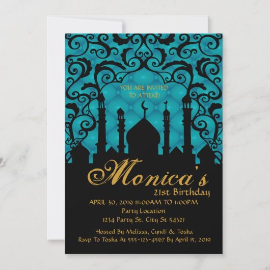 Arabische Nächte, Aquamariner Geburtstag Einladung (Vorderseite)