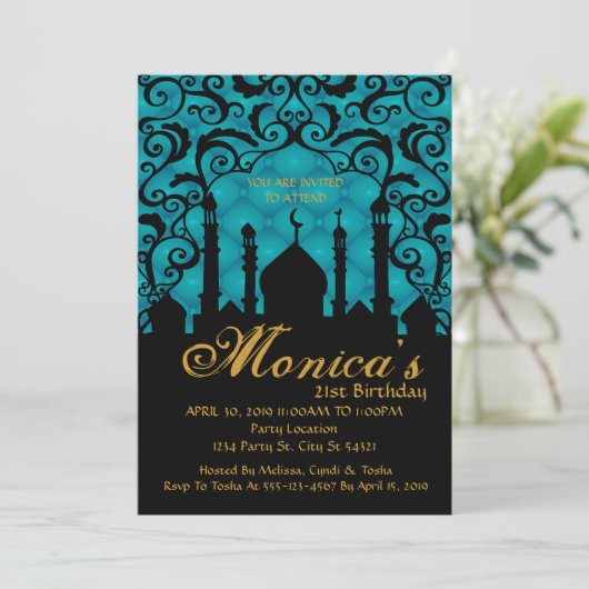 Arabische Nächte, Aquamariner Geburtstag Einladung (Stehend Vorderseite)