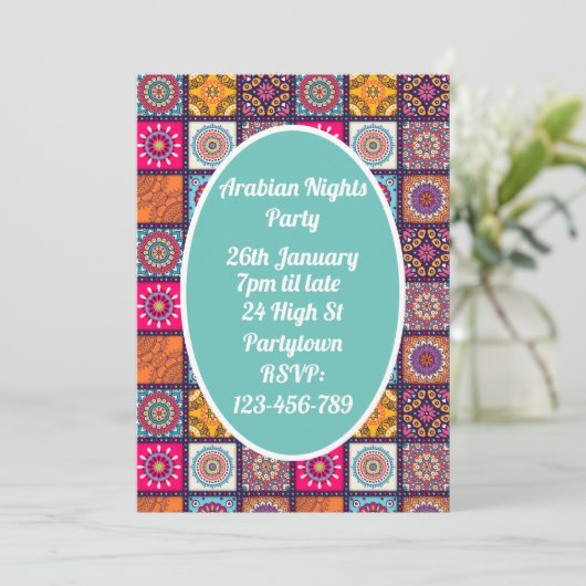 Arabische Nächte buntes Mosaikthema Party Einladung (Stehend Vorderseite)
