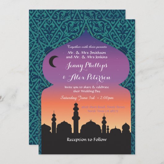 Arabische Nächte Hochzeitsfeier Marokkanische Aqua Einladung (Vorne/Hinten)