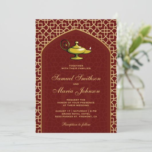 Arabische Nächte Magic Lamp Red Wedding Einladung (Stehend Vorderseite)