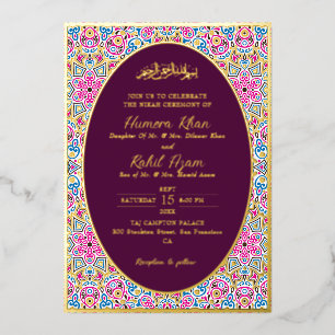 Arabische Pflaume Lila Gold Verzierte Muslimische Folieneinladung