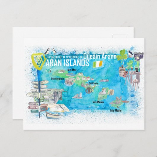 Aran Islands Irland Illustrierte Reisekarte Postkarte (Vorne/Hinten)