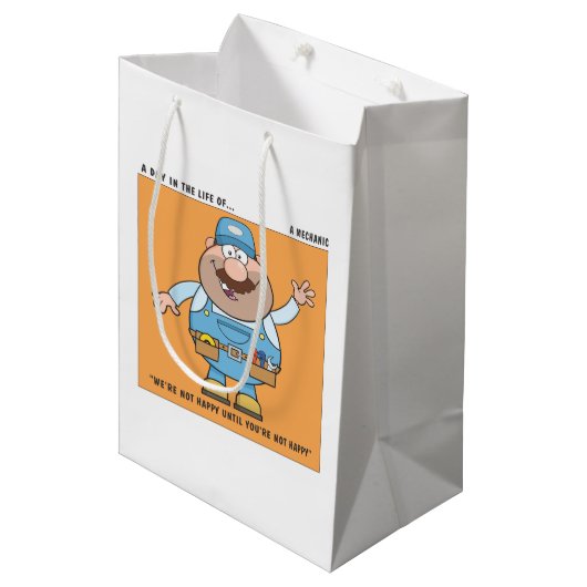 Arbeiten als mechanischer Spaß Mittlere Geschenktüte (Vorderseite Schrägansicht)