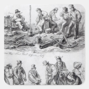 Arbeiter in der Nähe der neuen Post in der Stadt Quadratischer Aufkleber