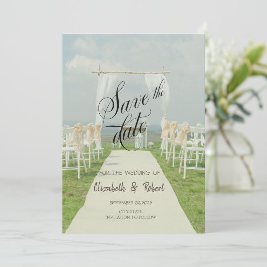 Arbor Beach Wedding Save the Date (Stehend Vorderseite)