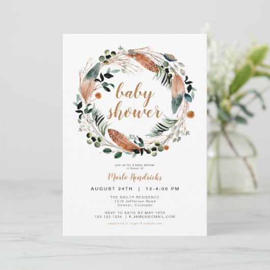 ARBOR Bohemisch Feather Greenery Wreath Boho Baby Einladung (Stehend Vorderseite)