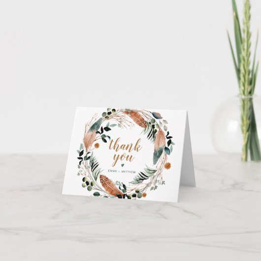 ARBOR Bohemisch Feather Greenery Wreath Boho Dankeskarte (Vorderseite)