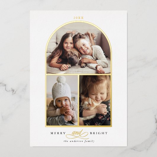 Arc 3 Foto Merry & Bright Gold Foil Folieneinladung (Vorderseite)