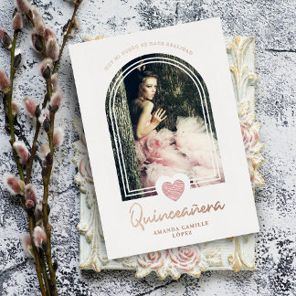 Arc Spanish Modern Pink Heart Foto Quinceañera Folieneinladung