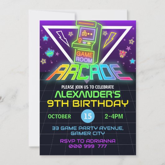 Arcade Birthday Gamer Neon Party Einladung (Vorderseite)