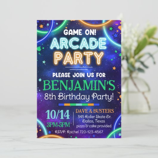 Arcade Einladung, Glow Arcade Einladung (Stehend Vorderseite)