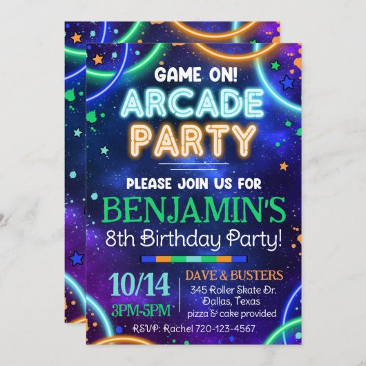 Arcade Einladung, Glow Arcade Einladung (Vorne/Hinten)