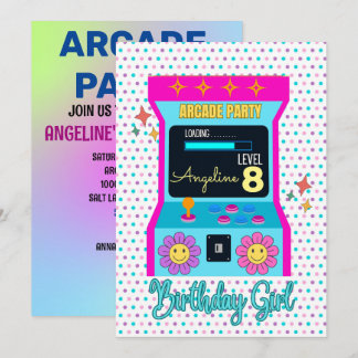 Arcade Game Retro Birthday Party Blue Pink Einladung
