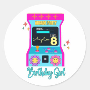Arcade Game Retro Birthday Party Blue Pink Runder Aufkleber