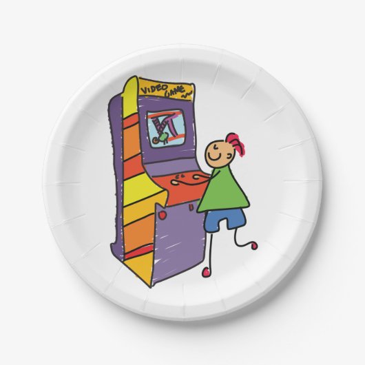 Arcade Gamer Strichmännchen Fun Vintages Videospie Pappteller (Vorderseite)