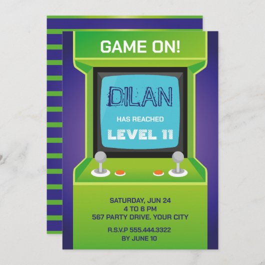 Arcade Geburtstag, Gamer Geburtstagseinladung, grü Einladung (Vorne/Hinten)