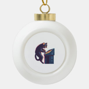 Arcade Meowster – Nostalgischer Gamer-Katze Keramik Kugel-Ornament